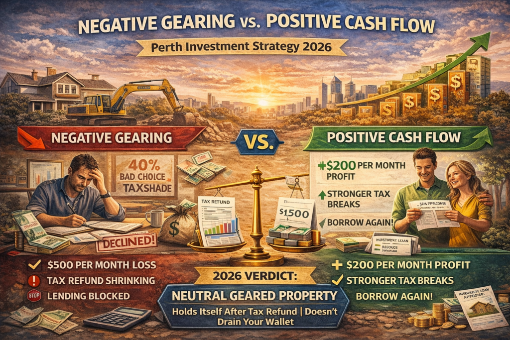 comparing Negative Gearing vs Positive Cash Flow property strategies in Perth, Australia, 2026.